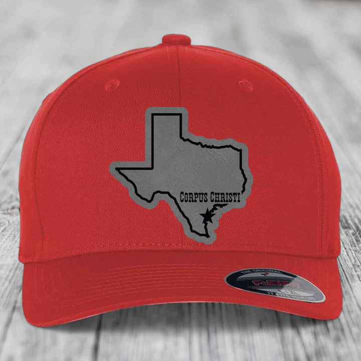 Corpus Christi Texas (Clean) - Leather Patch Hat - Grey to Black Patch - Flexfit 6277 Fitted Hat