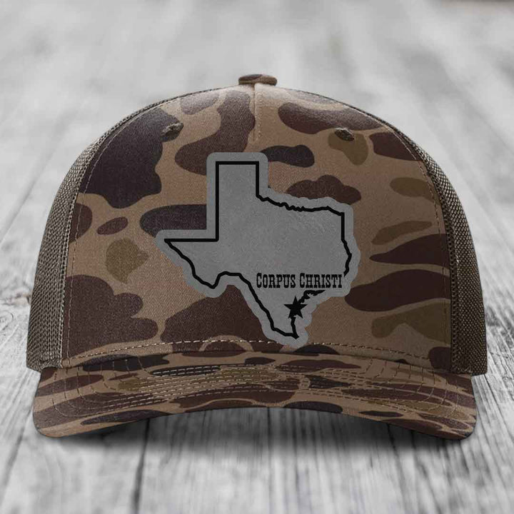 Corpus Christi Texas (Clean) - Leather Patch Hat - Grey to Black Patch - Richardson 112PFP Snapback Trucker Hat