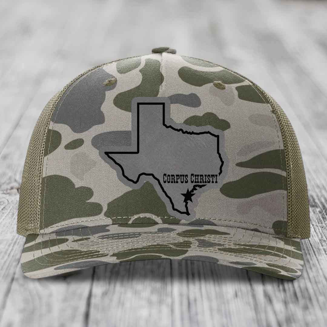 Corpus Christi Texas (Clean) - Leather Patch Hat - Grey to Black Patch - Richardson 112PFP Snapback Trucker Hat