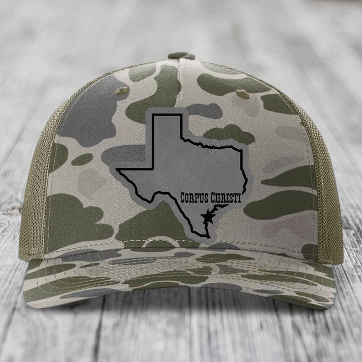 Corpus Christi Texas (Clean) - Leather Patch Hat - Grey to Black Patch - Richardson 112PFP Snapback Trucker Hat