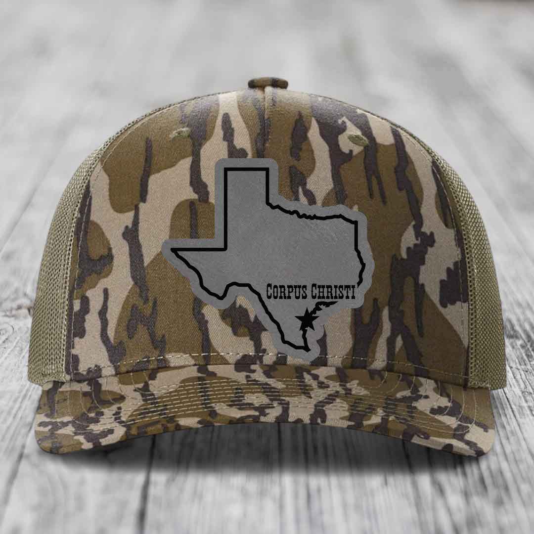 Corpus Christi Texas (Clean) - Leather Patch Hat - Grey to Black Patch - Richardson 112PFP Snapback Trucker Hat