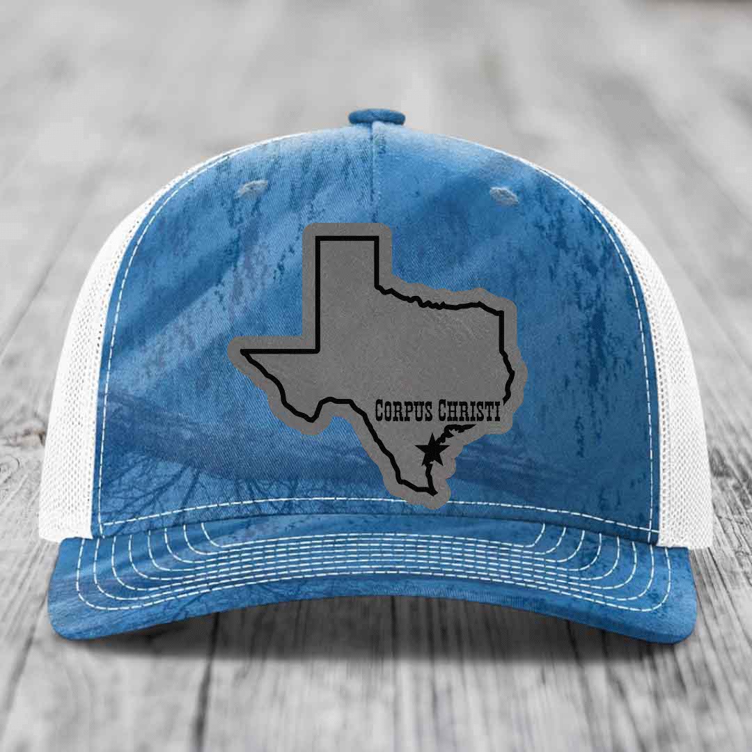 Corpus Christi Texas (Clean) - Leather Patch Hat - Grey to Black Patch - Richardson 112PFP Snapback Trucker Hat