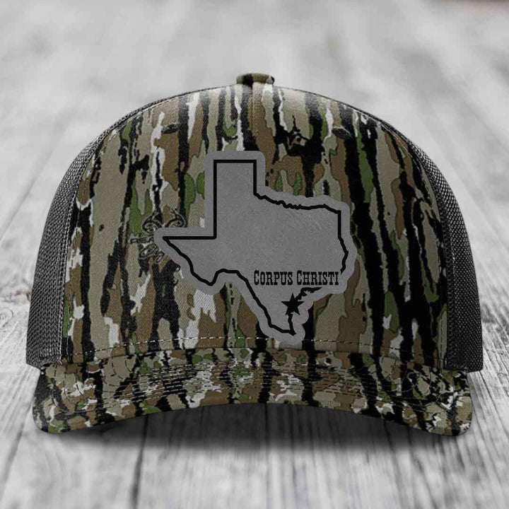 Corpus Christi Texas (Clean) - Leather Patch Hat - Grey to Black Patch - Richardson 112PFP Snapback Trucker Hat