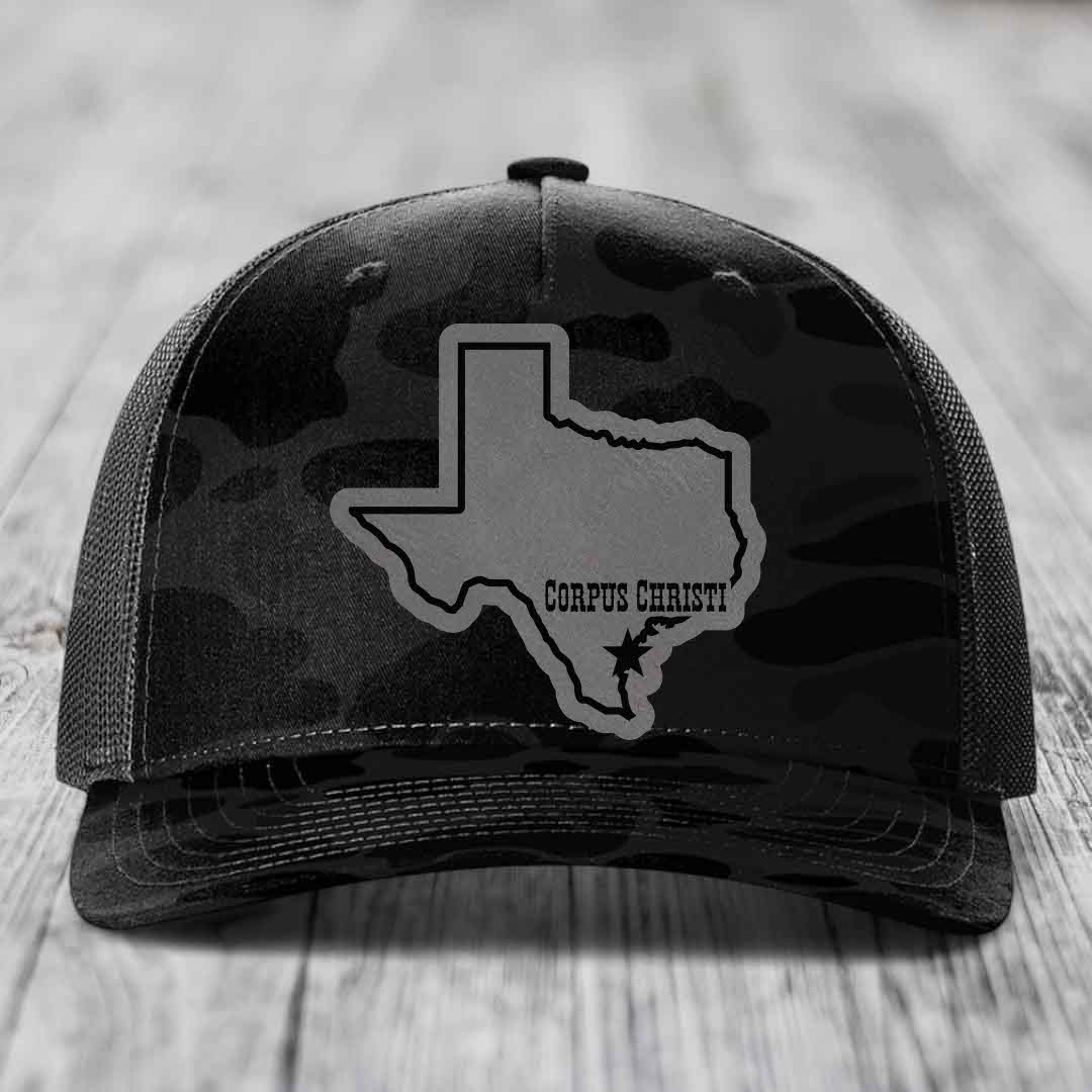 Corpus Christi Texas (Clean) - Leather Patch Hat - Grey to Black Patch - Richardson 112PFP Snapback Trucker Hat