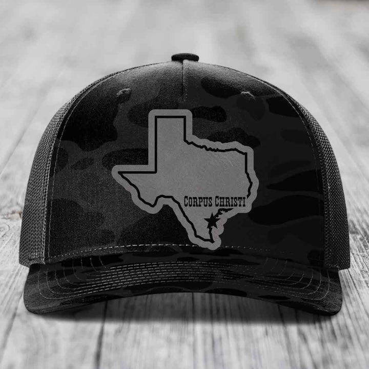 Corpus Christi Texas (Clean) - Leather Patch Hat - Grey to Black Patch - Richardson 112PFP Snapback Trucker Hat