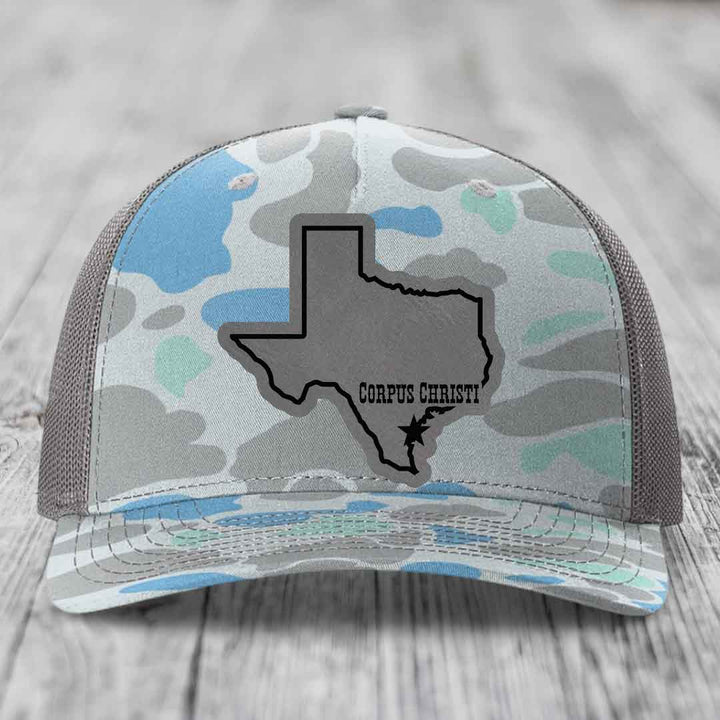 Corpus Christi Texas (Clean) - Leather Patch Hat - Grey to Black Patch - Richardson 112PFP Snapback Trucker Hat