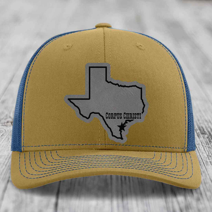 Corpus Christi Texas (Clean) - Leather Patch Hat - Grey to Black Patch - Richardson 112 Snapback Trucker Hat