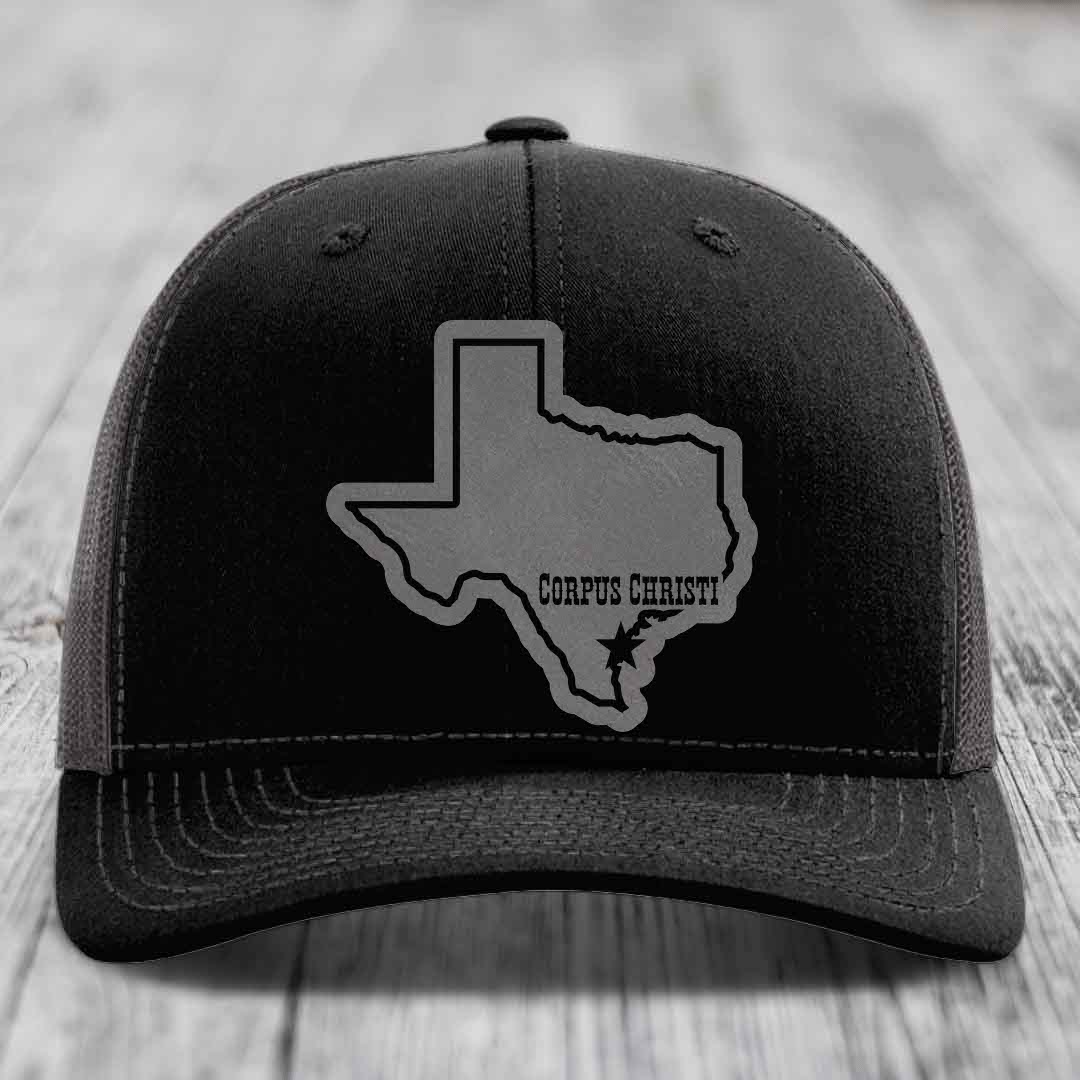Corpus Christi Texas (Clean) - Leather Patch Hat - Grey to Black Patch - Richardson 112 Snapback Trucker Hat