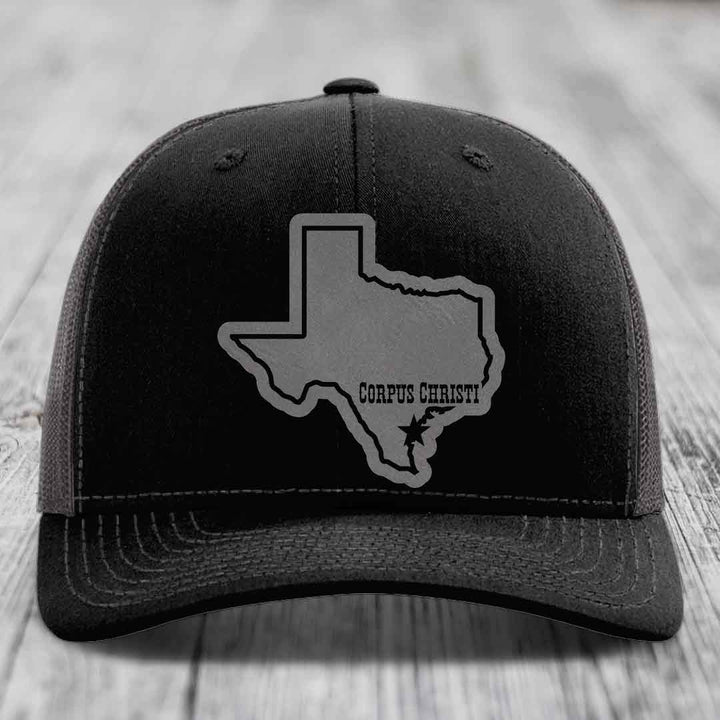 Corpus Christi Texas (Clean) - Leather Patch Hat - Grey to Black Patch - Richardson 112 Snapback Trucker Hat