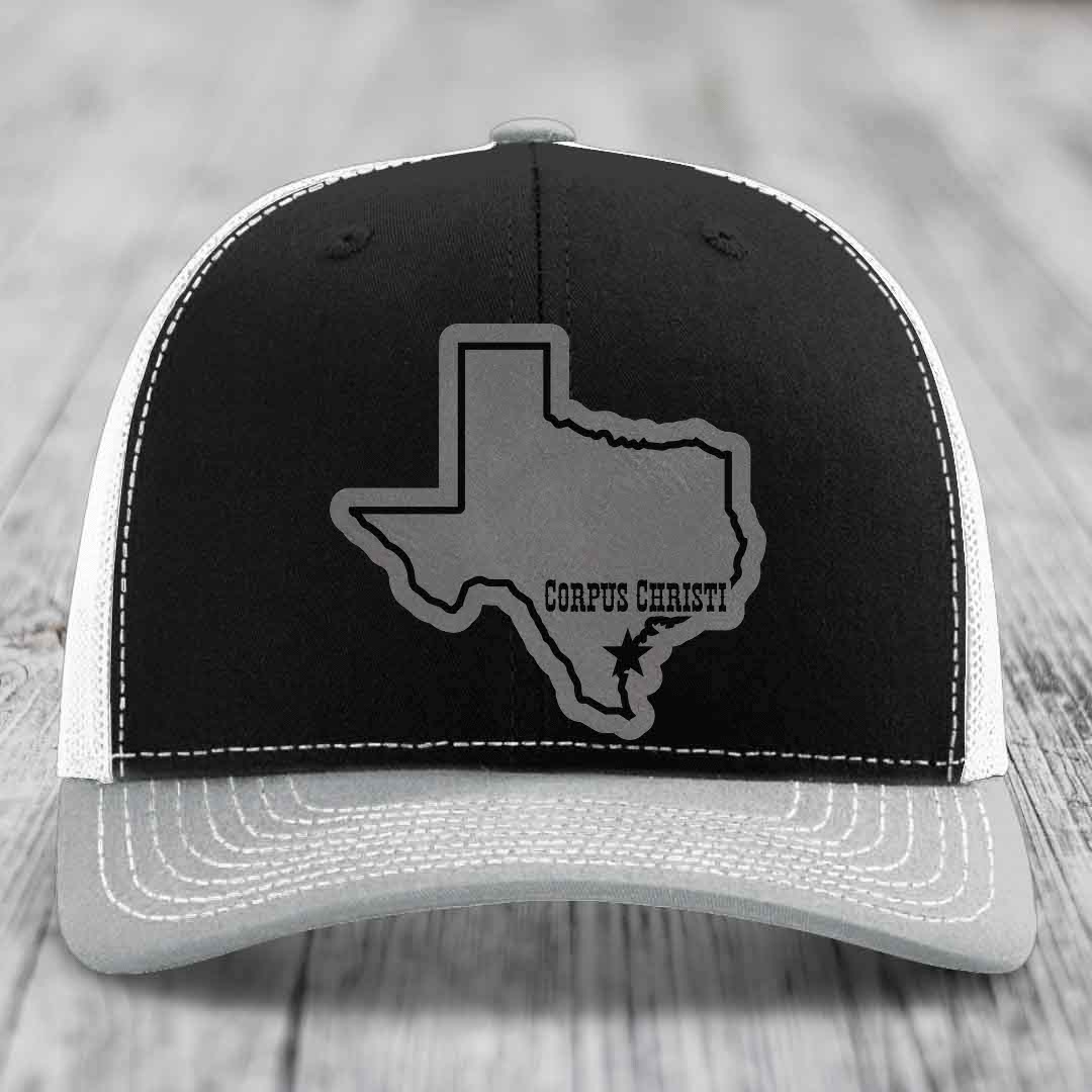 Corpus Christi Texas (Clean) - Leather Patch Hat - Grey to Black Patch - Richardson 112 Snapback Trucker Hat