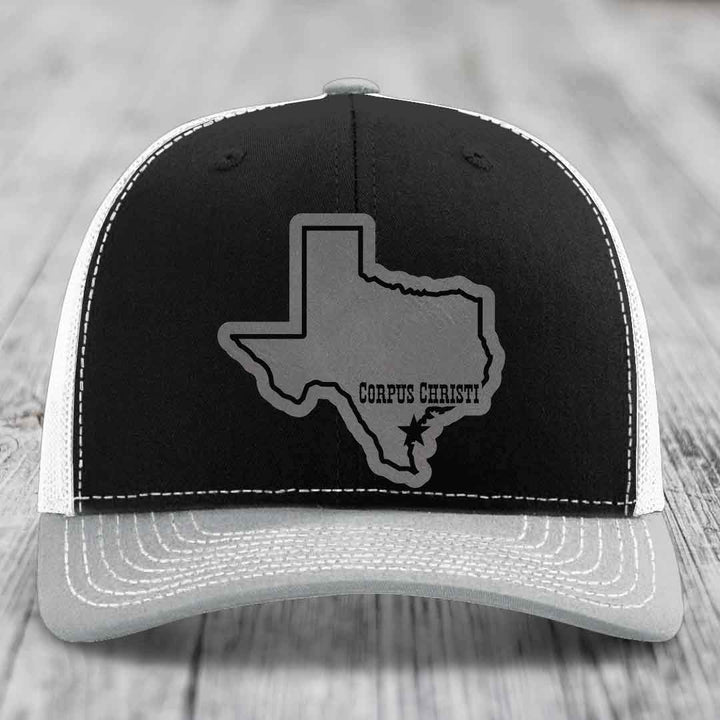 Corpus Christi Texas (Clean) - Leather Patch Hat - Grey to Black Patch - Richardson 112 Snapback Trucker Hat