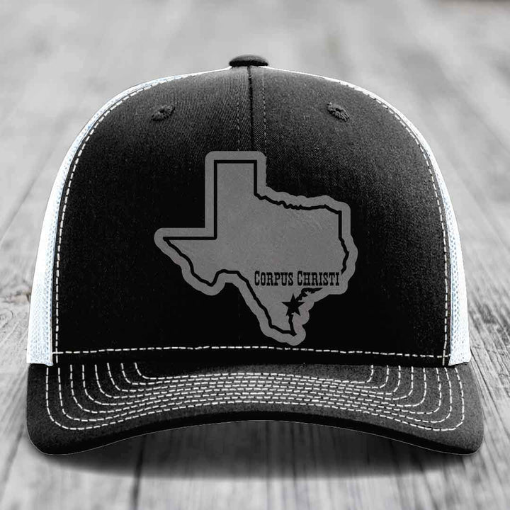 Corpus Christi Texas (Clean) - Leather Patch Hat - Grey to Black Patch - Richardson 112 Snapback Trucker Hat