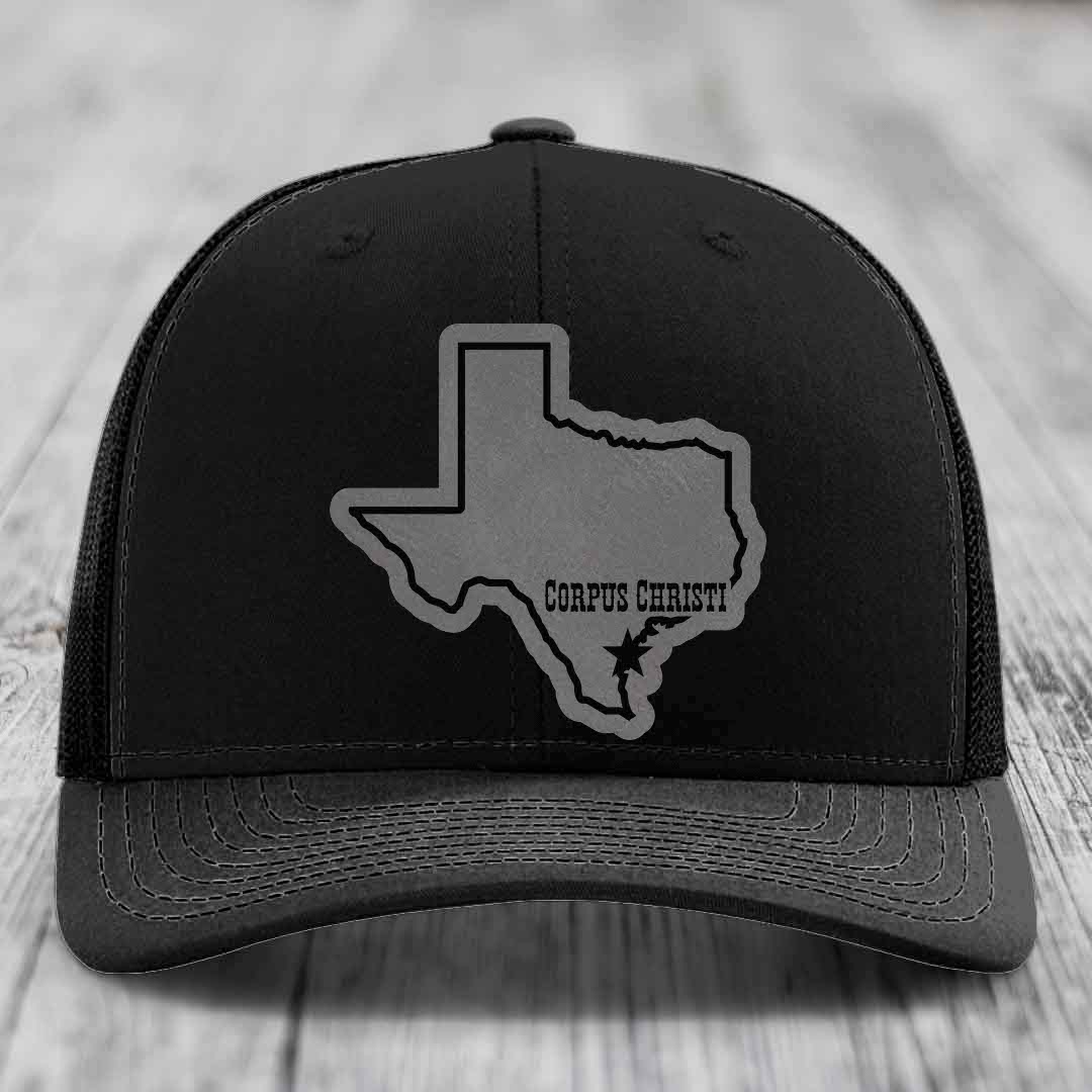 Corpus Christi Texas (Clean) - Leather Patch Hat - Grey to Black Patch - Richardson 112 Snapback Trucker Hat