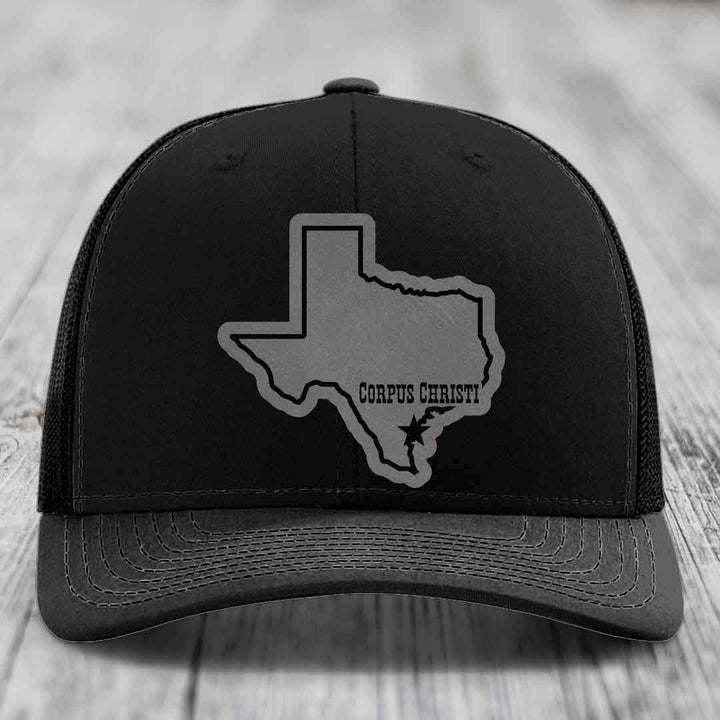 Corpus Christi Texas (Clean) - Leather Patch Hat - Grey to Black Patch - Richardson 112 Snapback Trucker Hat
