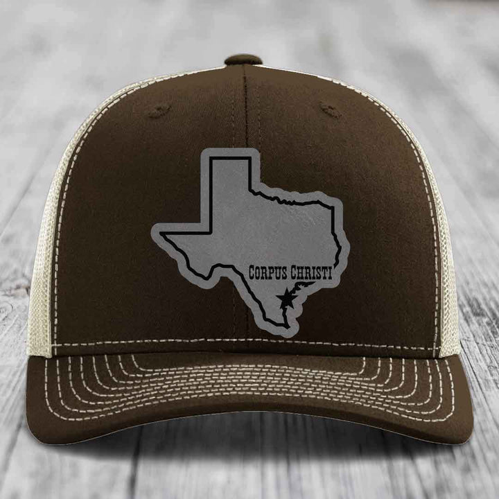 Corpus Christi Texas (Clean) - Leather Patch Hat - Grey to Black Patch - Richardson 112 Snapback Trucker Hat