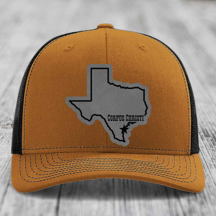Corpus Christi Texas (Clean) - Leather Patch Hat - Grey to Black Patch - Richardson 112 Snapback Trucker Hat
