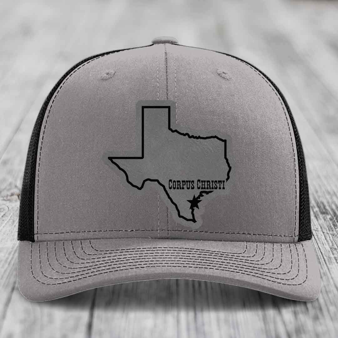 Corpus Christi Texas (Clean) - Leather Patch Hat - Grey to Black Patch - Richardson 112 Snapback Trucker Hat