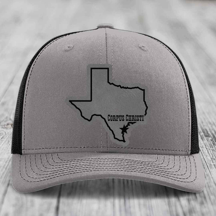 Corpus Christi Texas (Clean) - Leather Patch Hat - Grey to Black Patch - Richardson 112 Snapback Trucker Hat