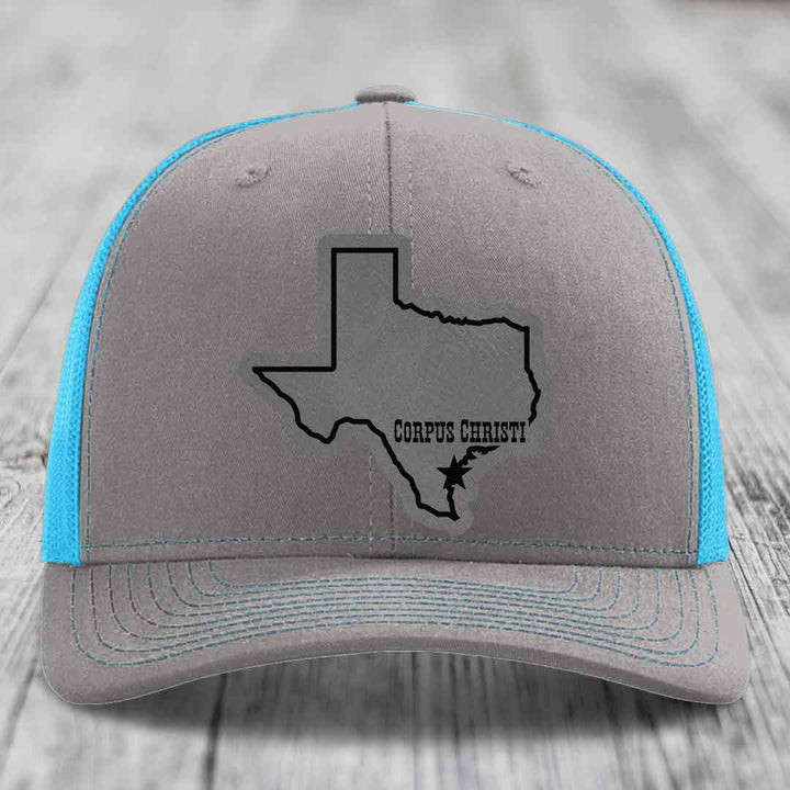 Corpus Christi Texas (Clean) - Leather Patch Hat - Grey to Black Patch - Richardson 112 Snapback Trucker Hat