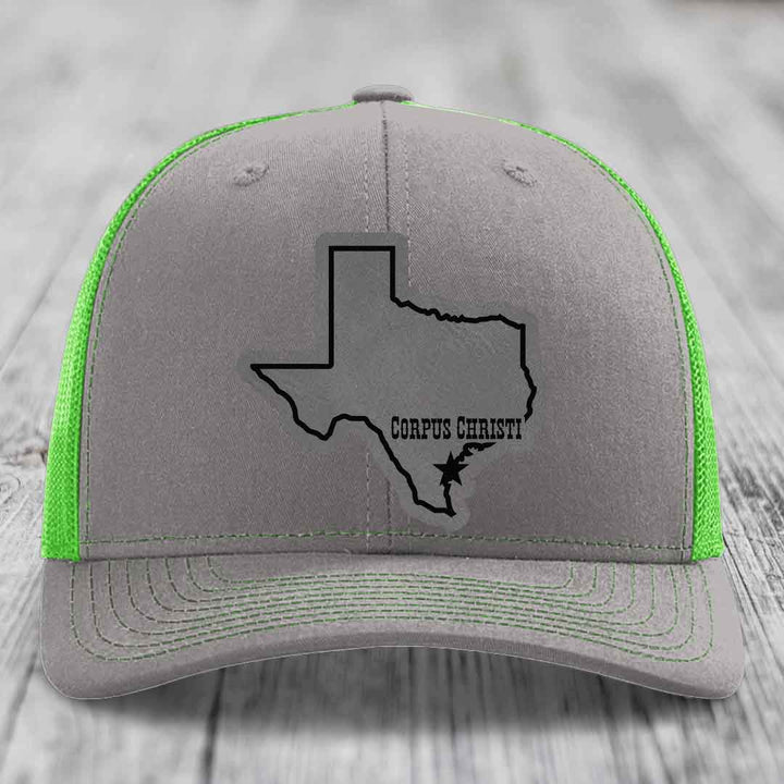 Corpus Christi Texas (Clean) - Leather Patch Hat - Grey to Black Patch - Richardson 112 Snapback Trucker Hat