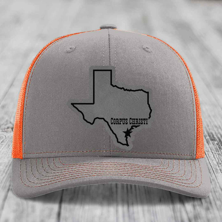 Corpus Christi Texas (Clean) - Leather Patch Hat - Grey to Black Patch - Richardson 112 Snapback Trucker Hat