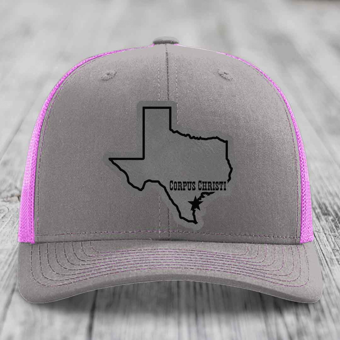 Corpus Christi Texas (Clean) - Leather Patch Hat - Grey to Black Patch - Richardson 112 Snapback Trucker Hat