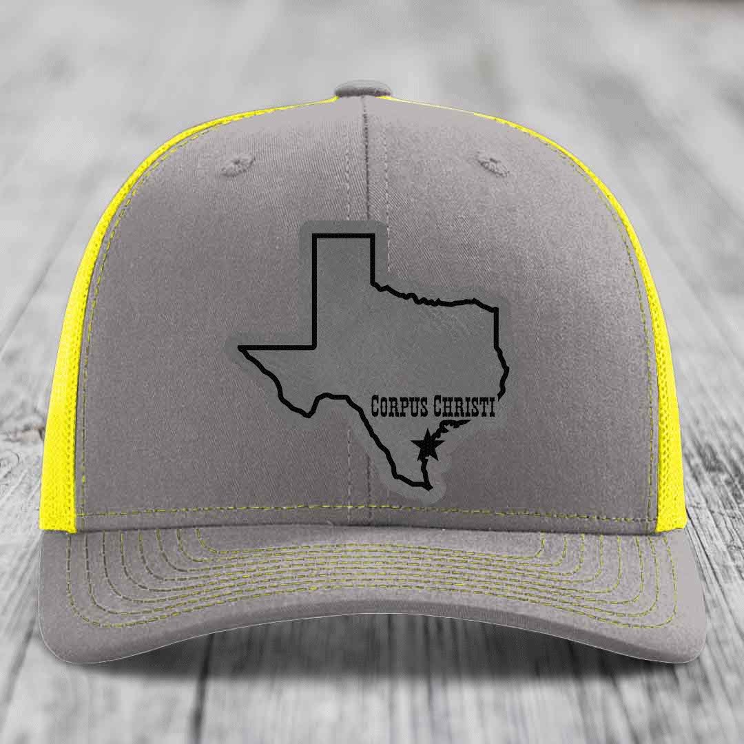 Corpus Christi Texas (Clean) - Leather Patch Hat - Grey to Black Patch - Richardson 112 Snapback Trucker Hat