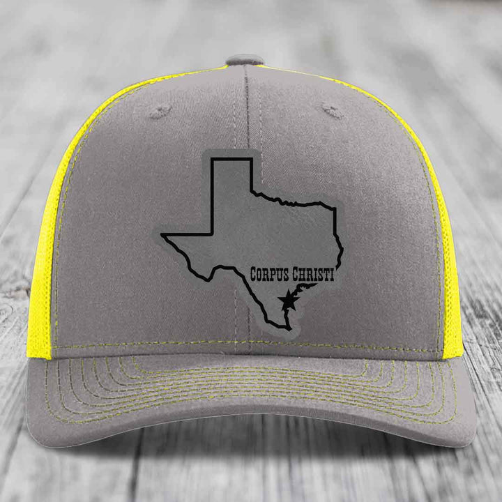 Corpus Christi Texas (Clean) - Leather Patch Hat - Grey to Black Patch - Richardson 112 Snapback Trucker Hat