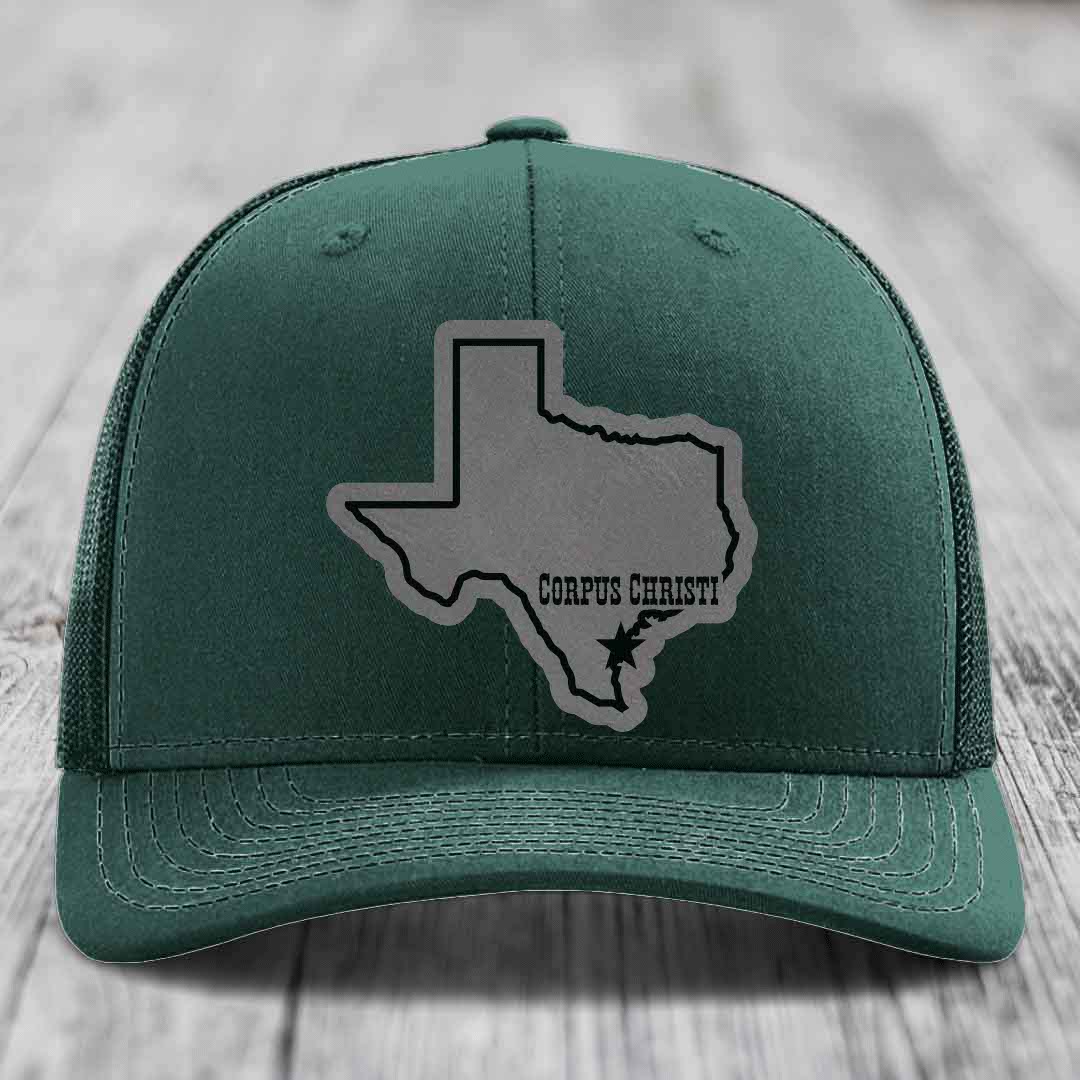 Corpus Christi Texas (Clean) - Leather Patch Hat - Grey to Black Patch - Richardson 112 Snapback Trucker Hat