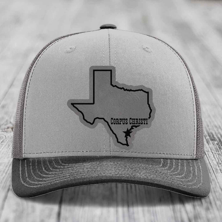 Corpus Christi Texas (Clean) - Leather Patch Hat - Grey to Black Patch - Richardson 112 Snapback Trucker Hat