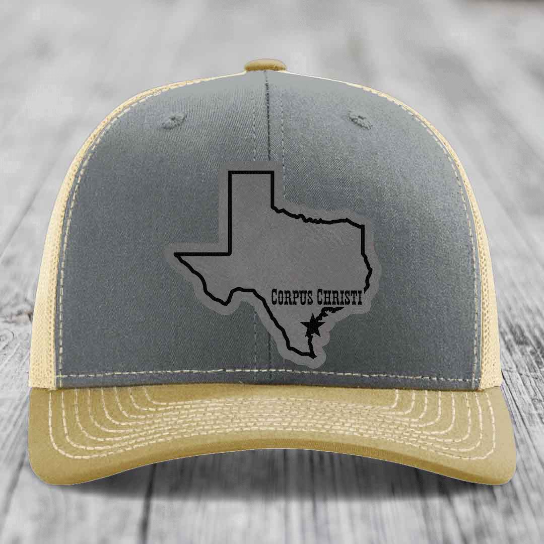 Corpus Christi Texas (Clean) - Leather Patch Hat - Grey to Black Patch - Richardson 112 Snapback Trucker Hat