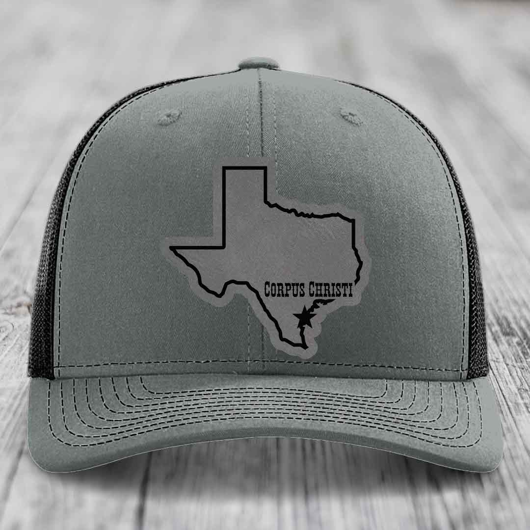 Corpus Christi Texas (Clean) - Leather Patch Hat - Grey to Black Patch - Richardson 112 Snapback Trucker Hat