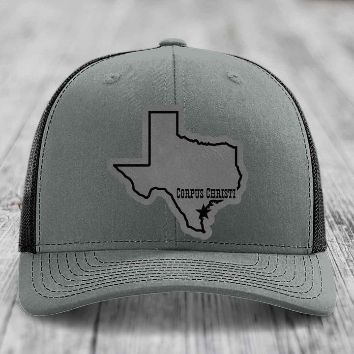 Corpus Christi Texas (Clean) - Leather Patch Hat - Grey to Black Patch - Richardson 112 Snapback Trucker Hat