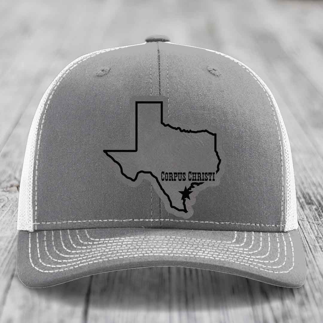 Corpus Christi Texas (Clean) - Leather Patch Hat - Grey to Black Patch - Richardson 112 Snapback Trucker Hat
