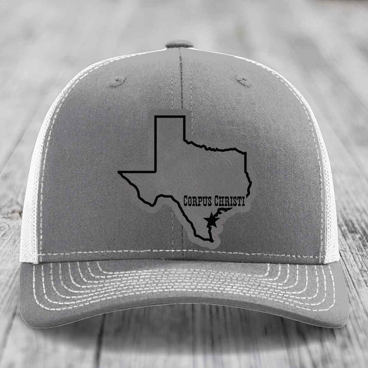 Corpus Christi Texas (Clean) - Leather Patch Hat - Grey to Black Patch - Richardson 112 Snapback Trucker Hat