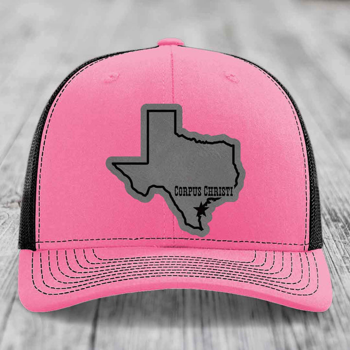 Corpus Christi Texas (Clean) - Leather Patch Hat - Grey to Black Patch - Richardson 112 Snapback Trucker Hat