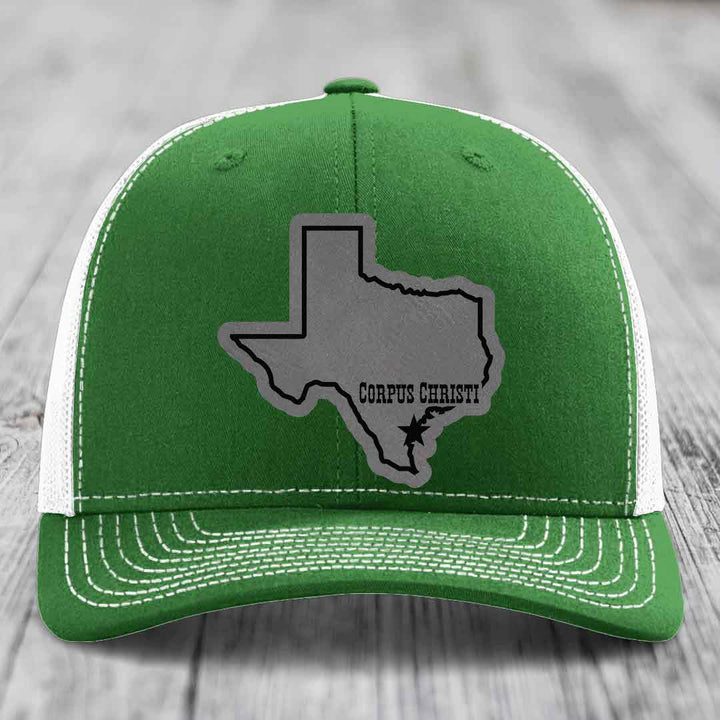 Corpus Christi Texas (Clean) - Leather Patch Hat - Grey to Black Patch - Richardson 112 Snapback Trucker Hat