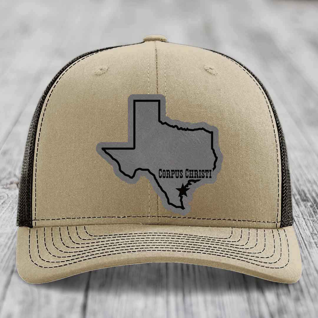 Corpus Christi Texas (Clean) - Leather Patch Hat - Grey to Black Patch - Richardson 112 Snapback Trucker Hat