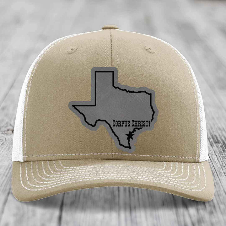 Corpus Christi Texas (Clean) - Leather Patch Hat - Grey to Black Patch - Richardson 112 Snapback Trucker Hat