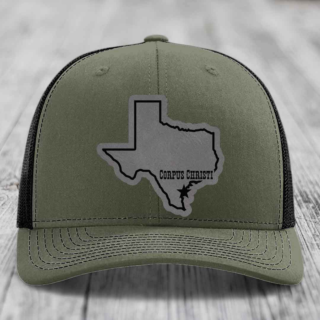Corpus Christi Texas (Clean) - Leather Patch Hat - Grey to Black Patch - Richardson 112 Snapback Trucker Hat
