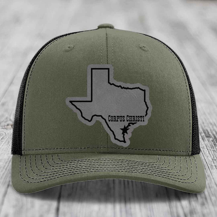 Corpus Christi Texas (Clean) - Leather Patch Hat - Grey to Black Patch - Richardson 112 Snapback Trucker Hat