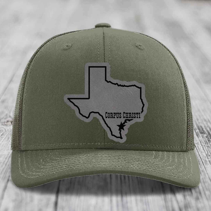 Corpus Christi Texas (Clean) - Leather Patch Hat - Grey to Black Patch - Richardson 112 Snapback Trucker Hat