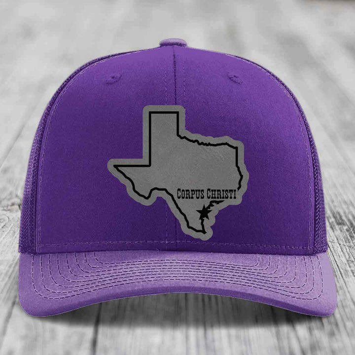 Corpus Christi Texas (Clean) - Leather Patch Hat - Grey to Black Patch - Richardson 112 Snapback Trucker Hat