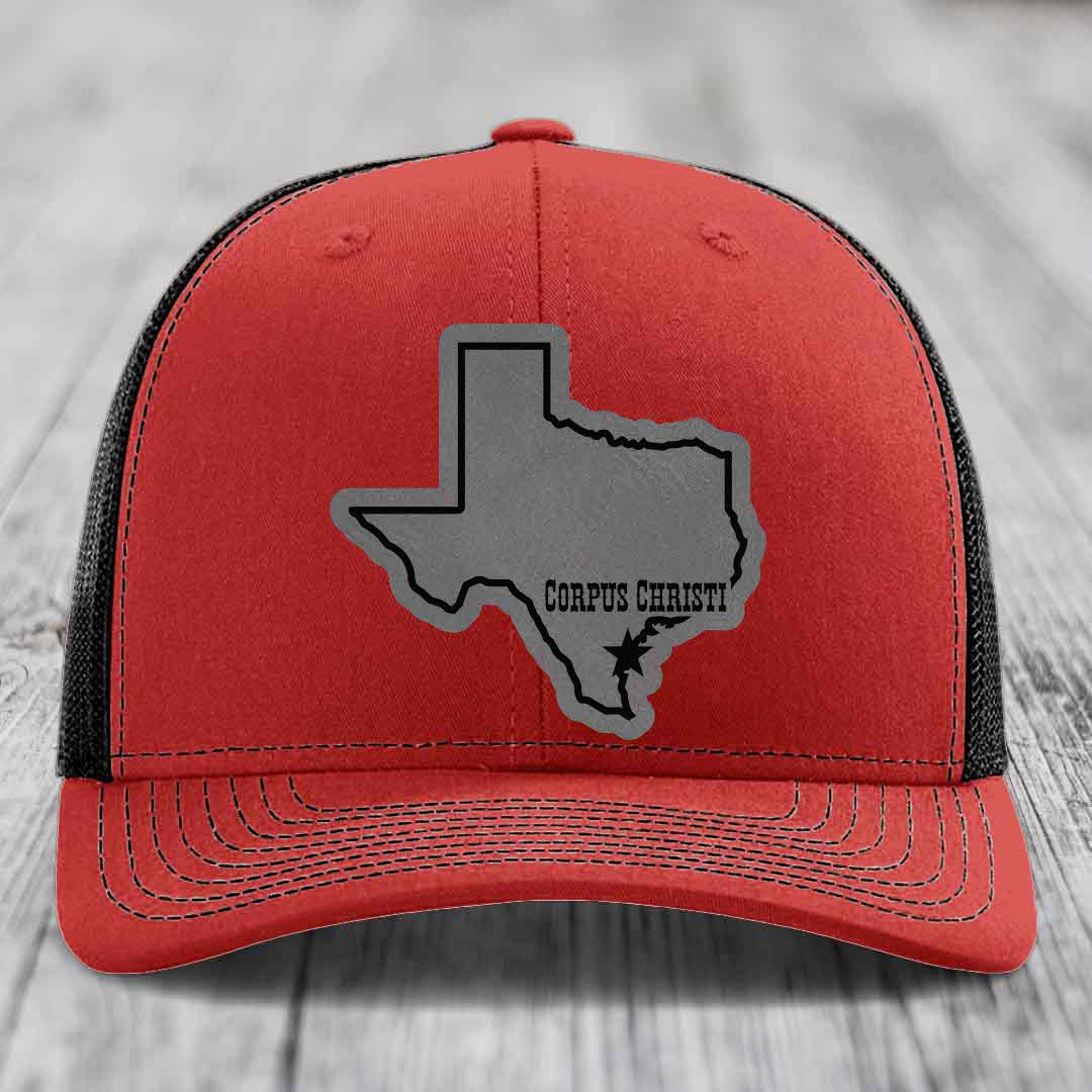 Corpus Christi Texas (Clean) - Leather Patch Hat - Grey to Black Patch - Richardson 112 Snapback Trucker Hat