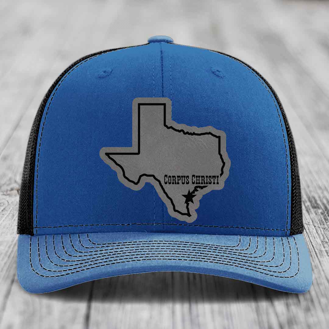 Corpus Christi Texas (Clean) - Leather Patch Hat - Grey to Black Patch - Richardson 112 Snapback Trucker Hat