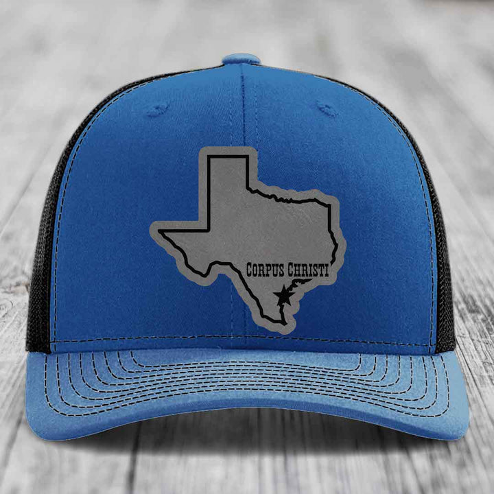Corpus Christi Texas (Clean) - Leather Patch Hat - Grey to Black Patch - Richardson 112 Snapback Trucker Hat