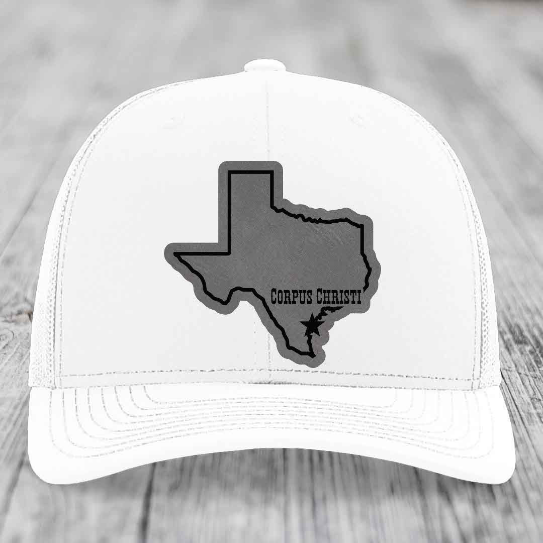 Corpus Christi Texas (Clean) - Leather Patch Hat - Grey to Black Patch - Richardson 112 Snapback Trucker Hat