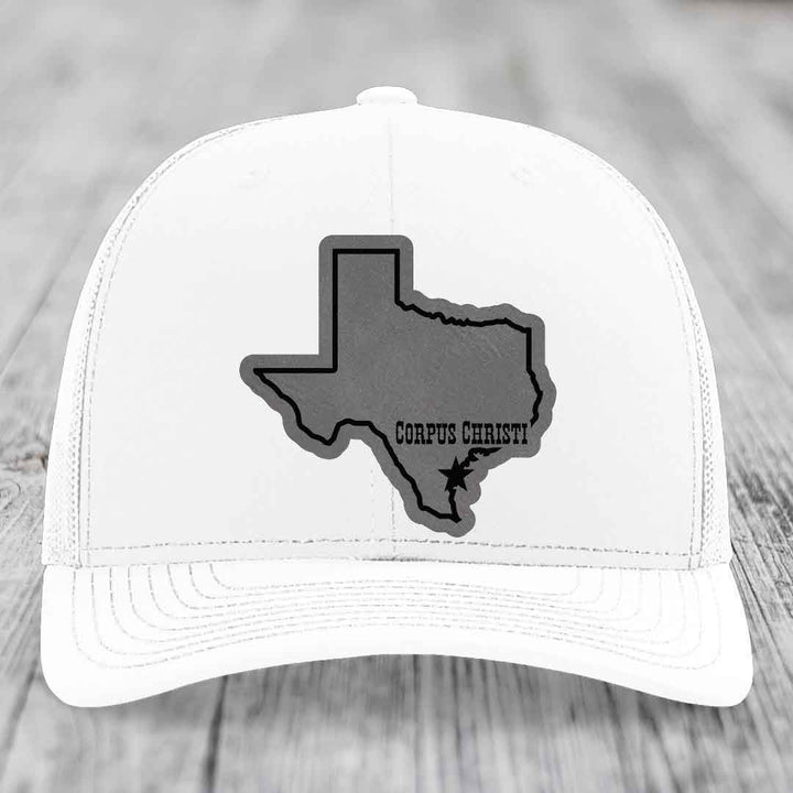 Corpus Christi Texas (Clean) - Leather Patch Hat - Grey to Black Patch - Richardson 112 Snapback Trucker Hat