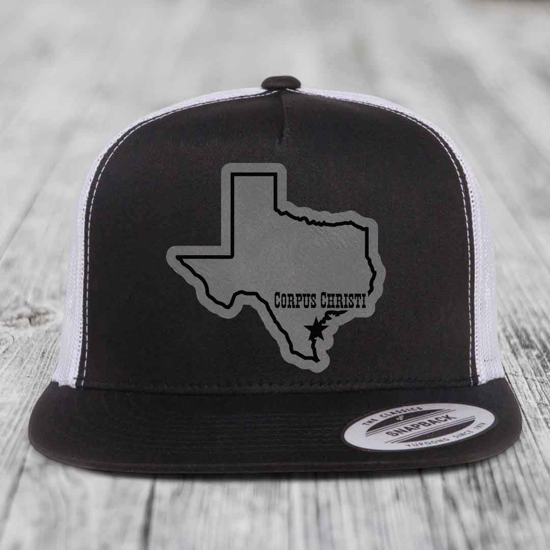 Corpus Christi Texas (Clean) - Leather Patch Hat - Grey to Black Patch - Yupoong 6006 Snapback Flatbill Hat