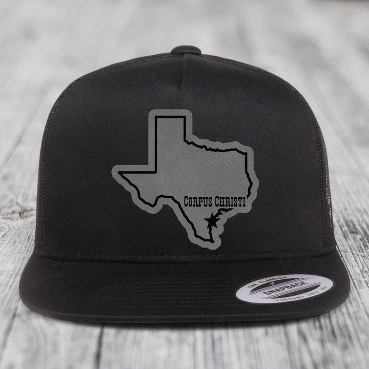 Corpus Christi Texas (Clean) - Leather Patch Hat - Grey to Black Patch - Yupoong 6006 Snapback Flatbill Hat